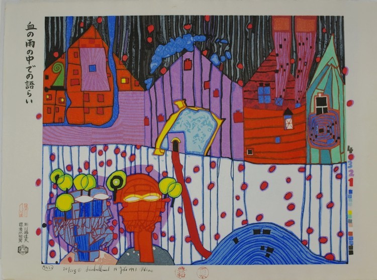 Art Alarm – F. Hundertwasser (1928–2000), Gespräch im Blutregen, Farbholzschnitt signiert, datiert 1997
