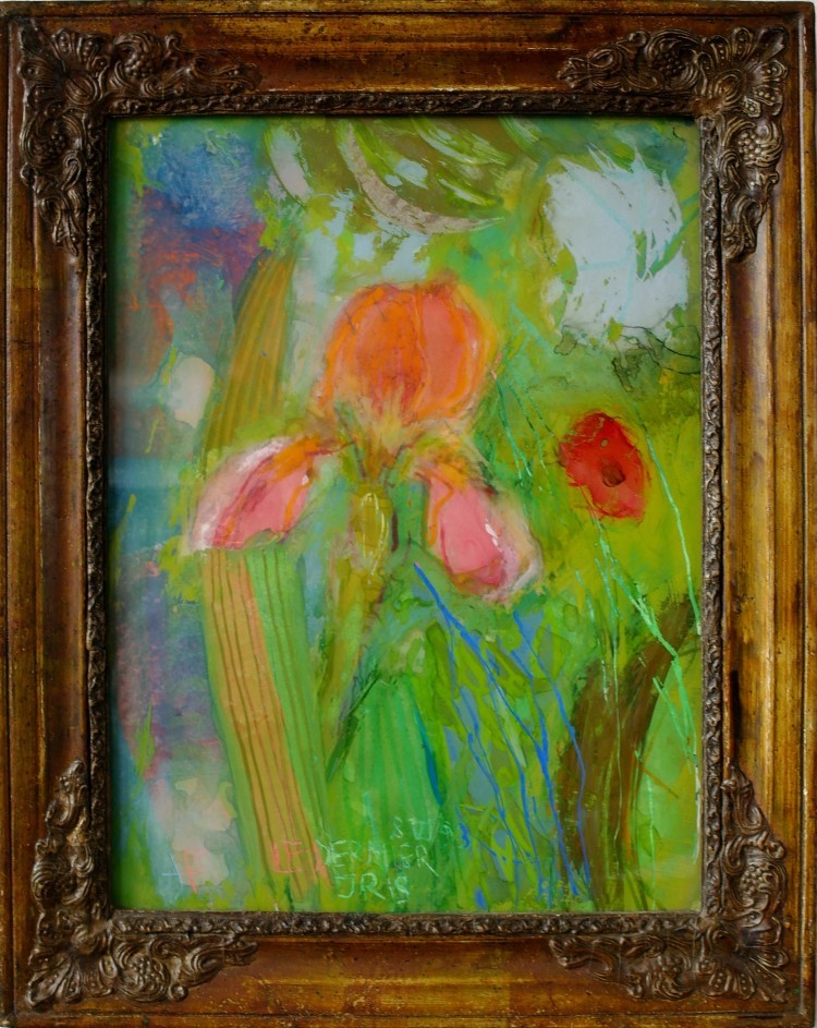 Art Alarm – Heidi Förster * 1932, Iris, Hinterglasmalerei signiert, datiert, im Künstlerrahmen, 36 x 45 cm