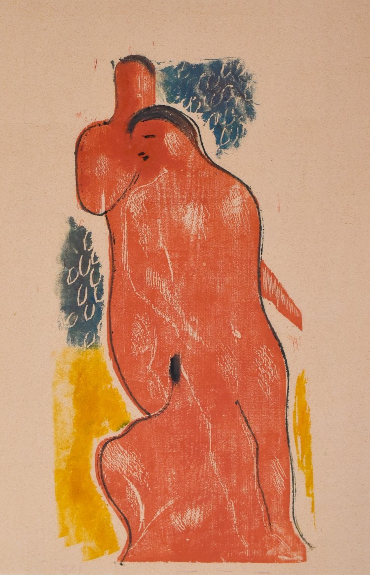 Art Alarm – Walter Wörn, "Figürliche Komposition", 1947, Farhbholzschnitt, 47 x 22,3 cm, WVZ Jentsch Nr. 60