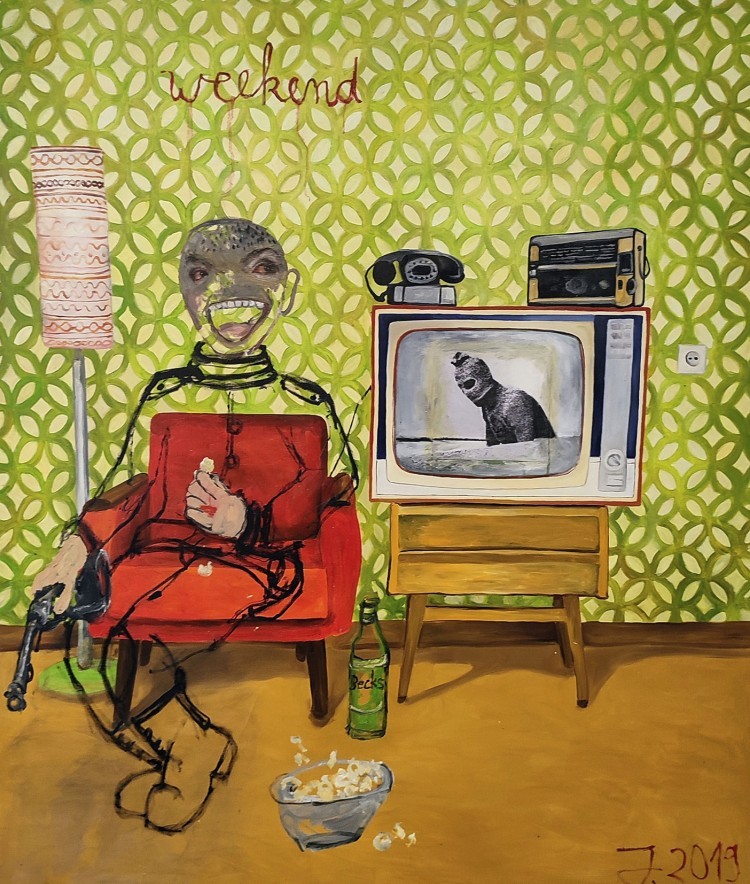 Art Alarm – Juliane Hundertmark, Weekend, 2019, Öl und Collage auf Leinwand, 170 x 150 cm