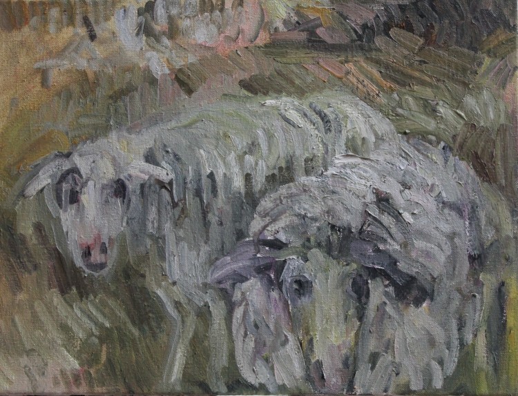 Art Alarm – Thomas Nolden: Zwei Schafe im Winter, 2022, Öl auf Leinwand, 35 x 45 cm